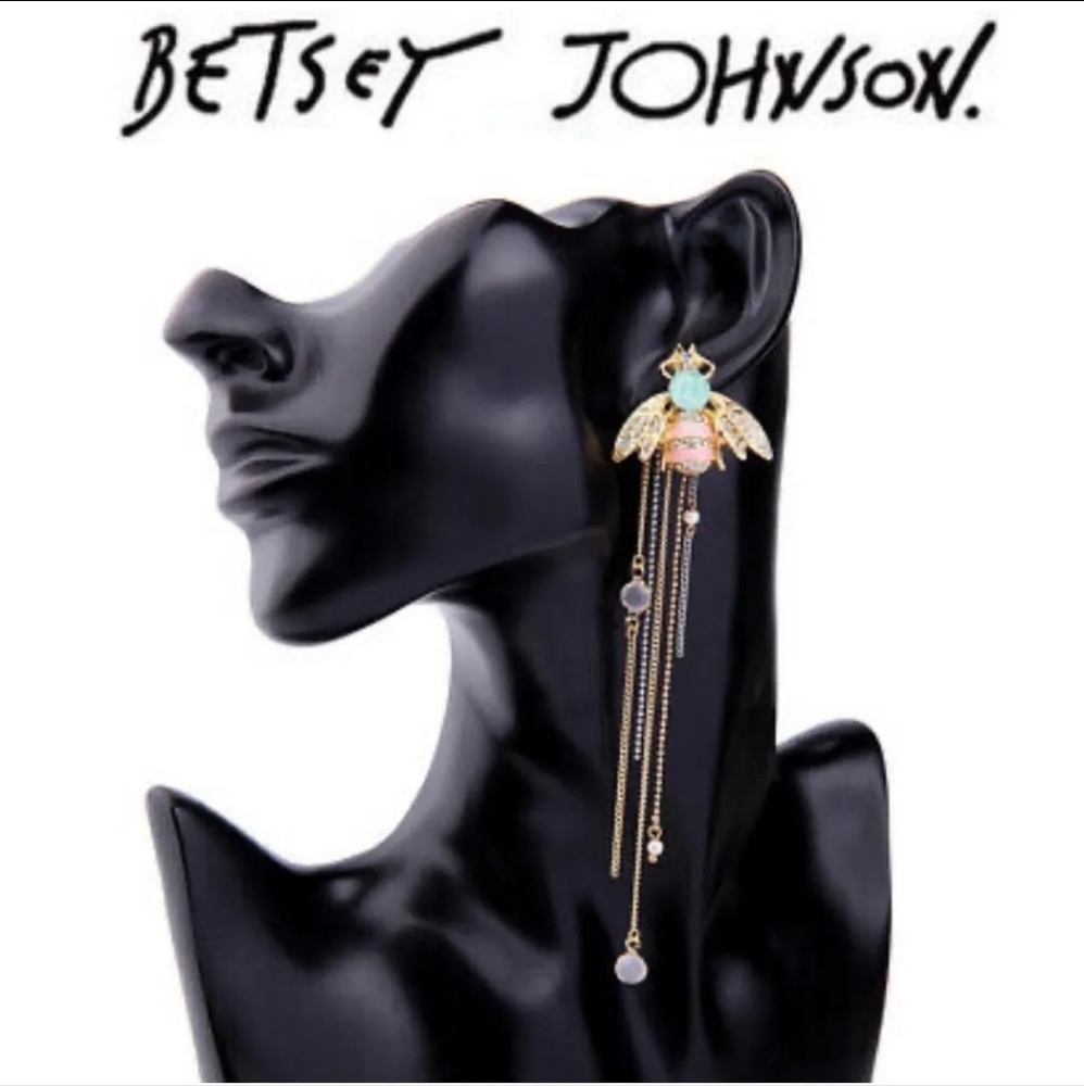 🐝 🌟  Betsey Johnson Bumble Bee Multi-Chain Tassel Earrings Pink Gold